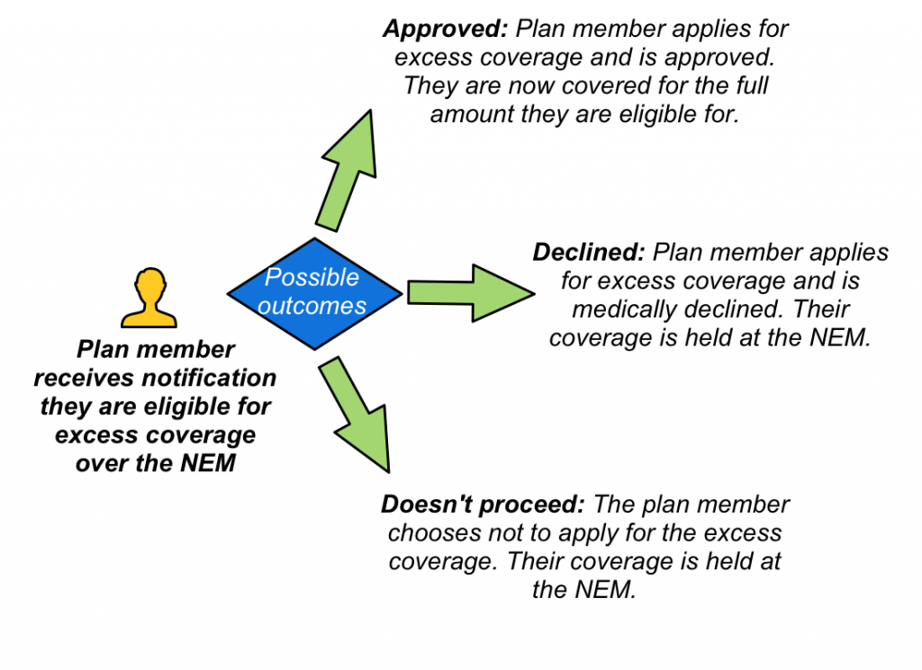 An overview of the three outcomes for excess coverage over the NEM